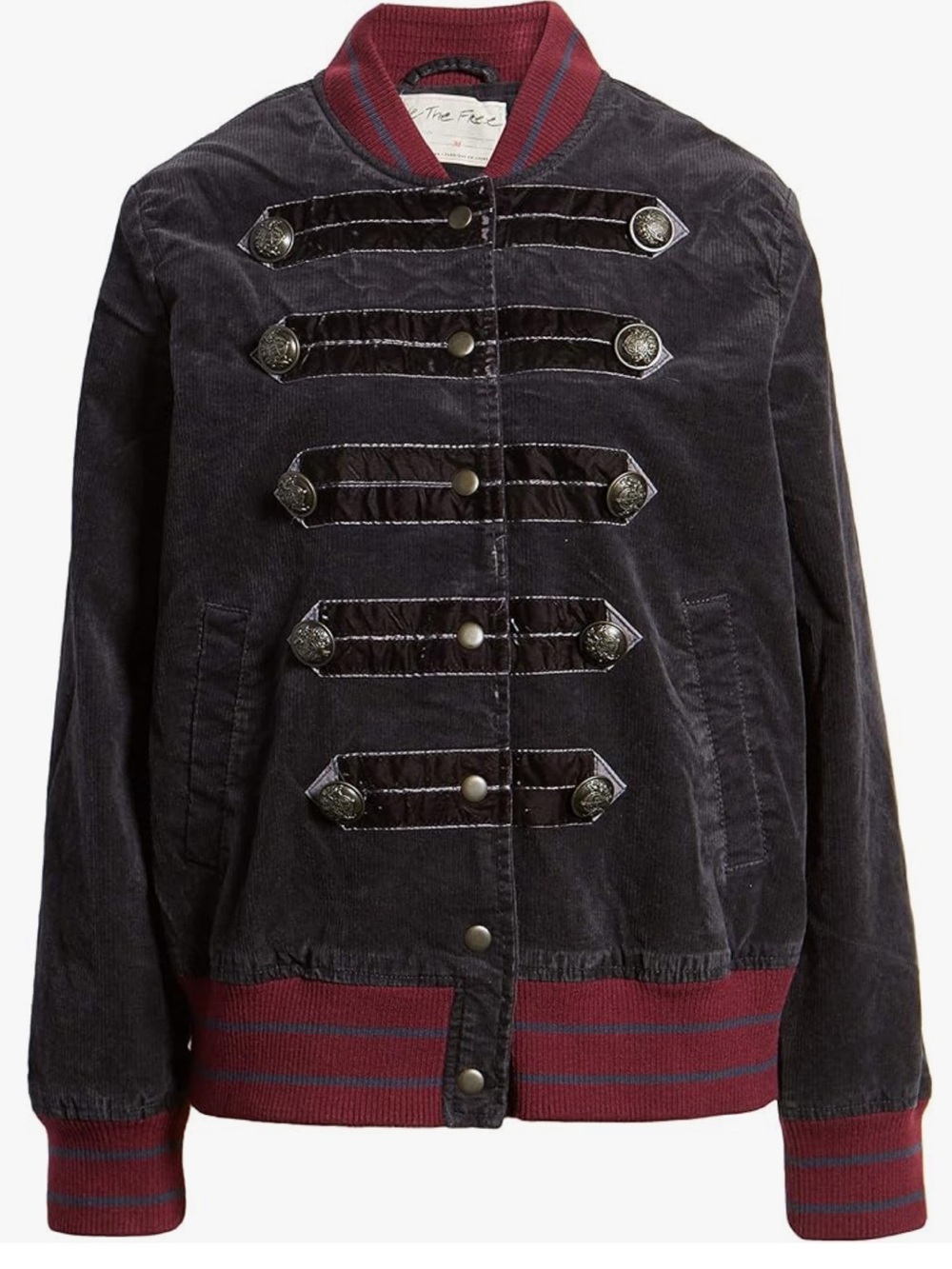 Free People Black Corduroy Military-Style Bomber Jacket with Burgundy Trim